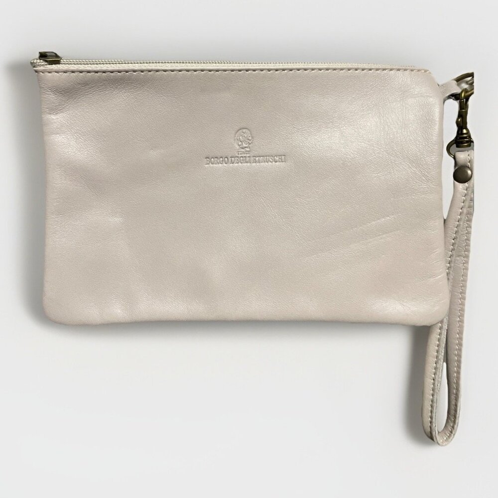 BORGO DEGLI ETRUSCHI Italy Grey Leather Zip Purse Wristlet Strap Clutch Hand Bag